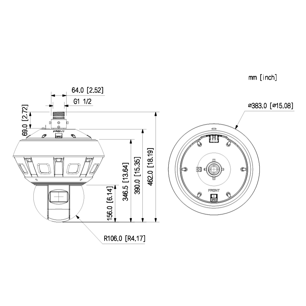 Panorámica 180º 16M (4x4M) + Domo PTZ IP 4M H265 IR400m 40X IP66 DC36V AUDIO E/S AI