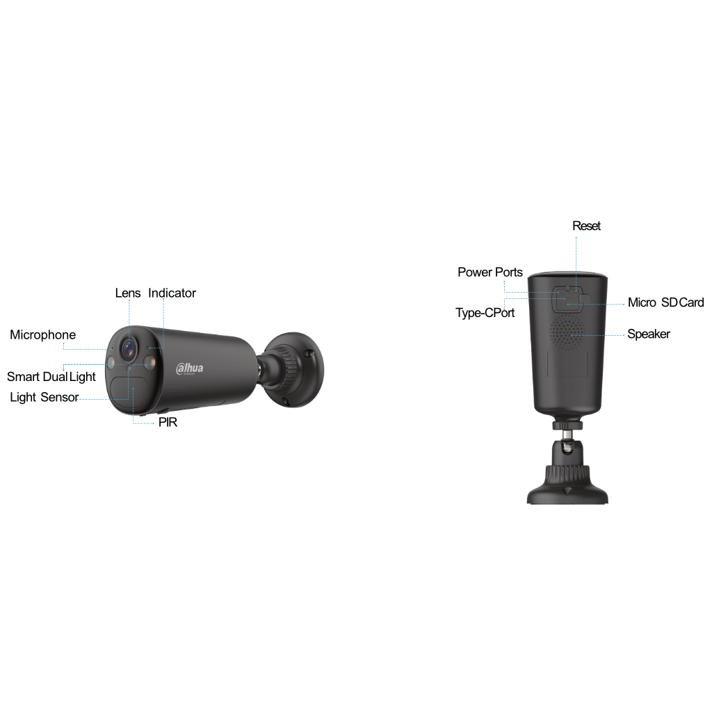 Tubular IP H265 4M Iluminación Dual LED20m/IR15m 2.1mm IP66 PIR MIC/Altavoz WiFi AI color negro con batería + Panel Solar