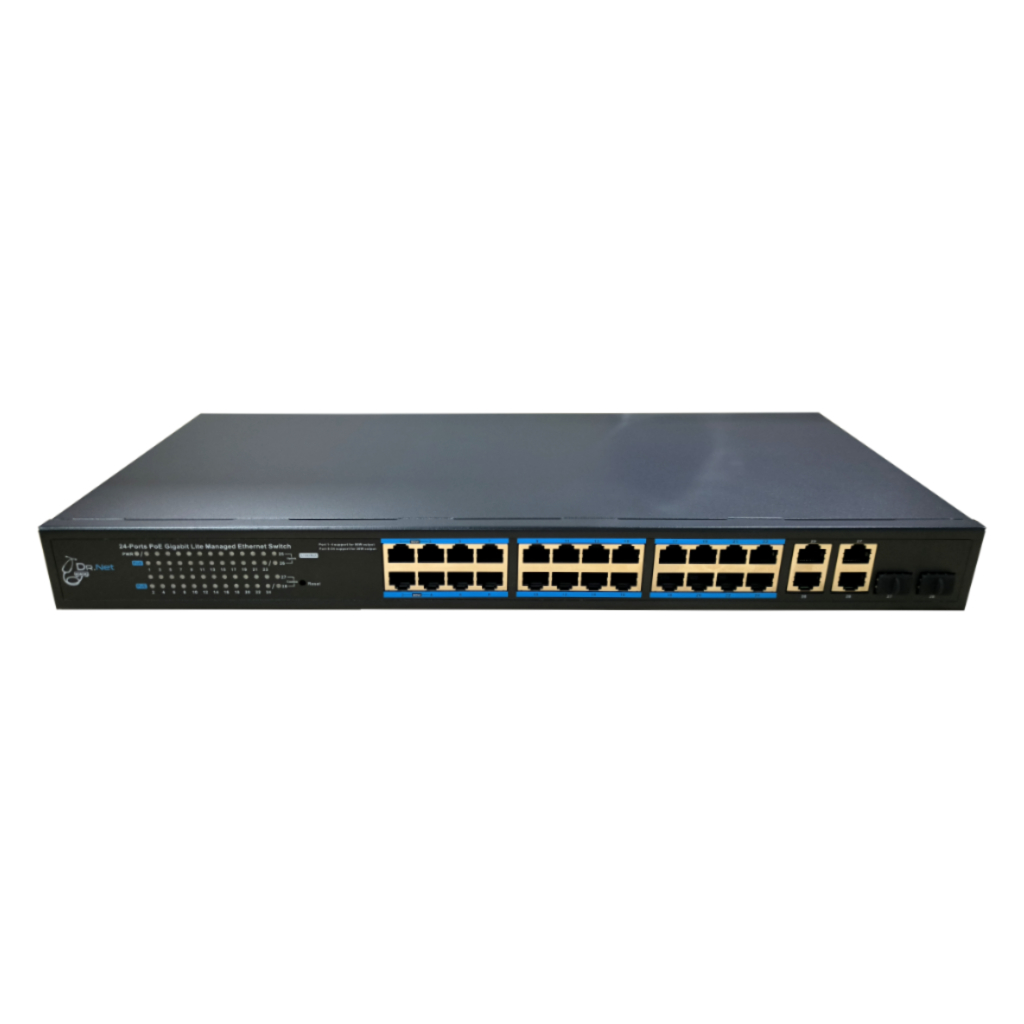 Switch Smart PoE 24 puertos Gigabit + 2RJ45 Uplink Gigabit + 2 Combo Gigabit RJ45/SFP Uplink 370W Gestionable