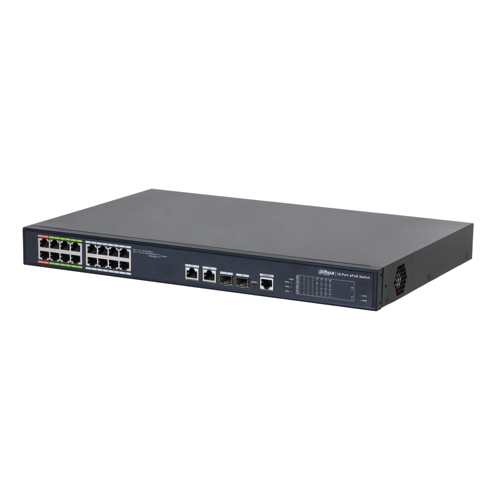 Switch ePoE 16 puertos 10/100 (8 ePoE/EoC + 8 PoE) + 2 Uplink Combo Gigabit/SFP 802.3at 240W Gestionable Layer 2 - Modo ePoE 800m